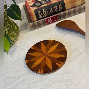 Vintage Wood Starburst Trivet Inlaid Marquetry Mid Century Kitchen Decor